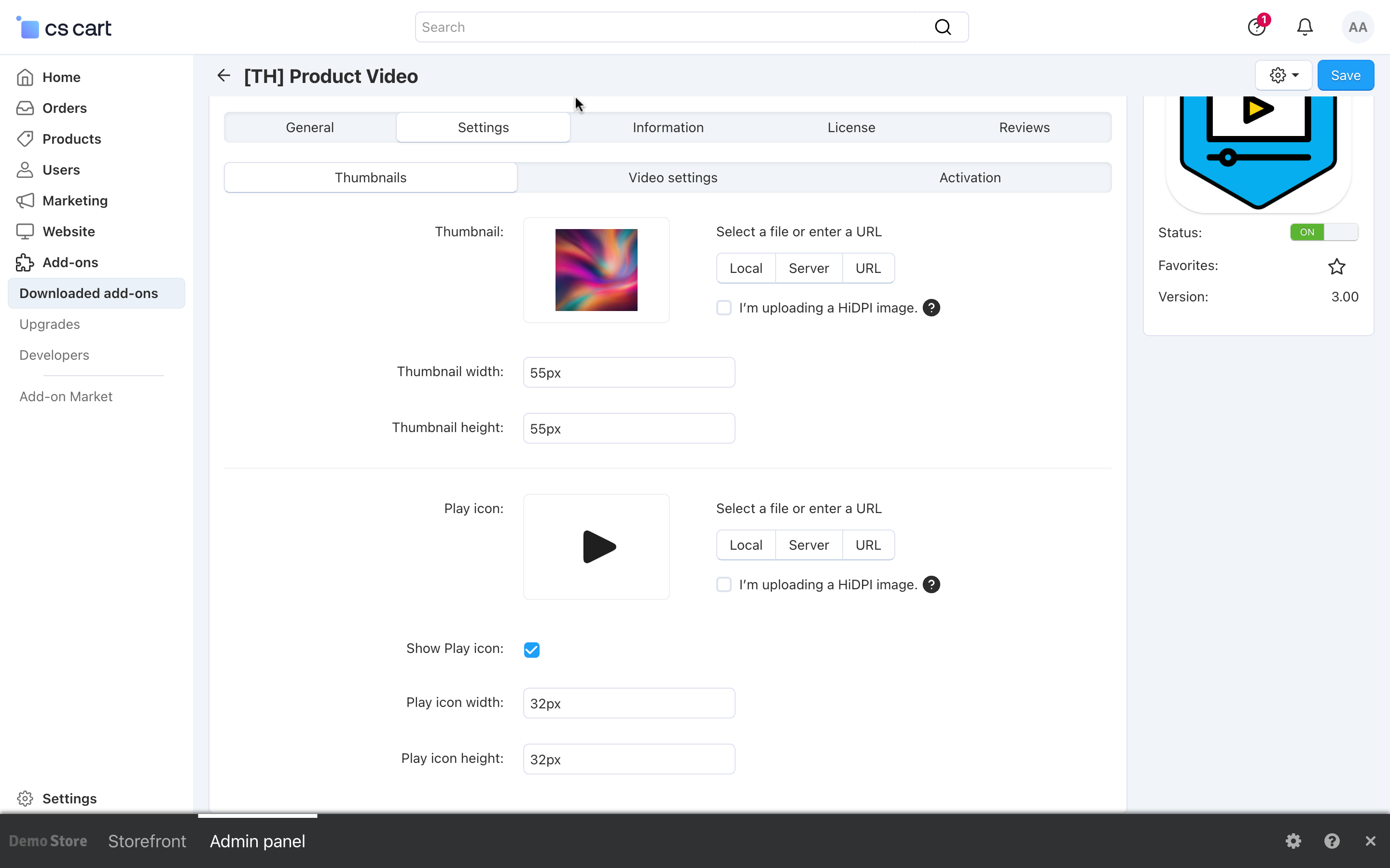 Product video add-on settings