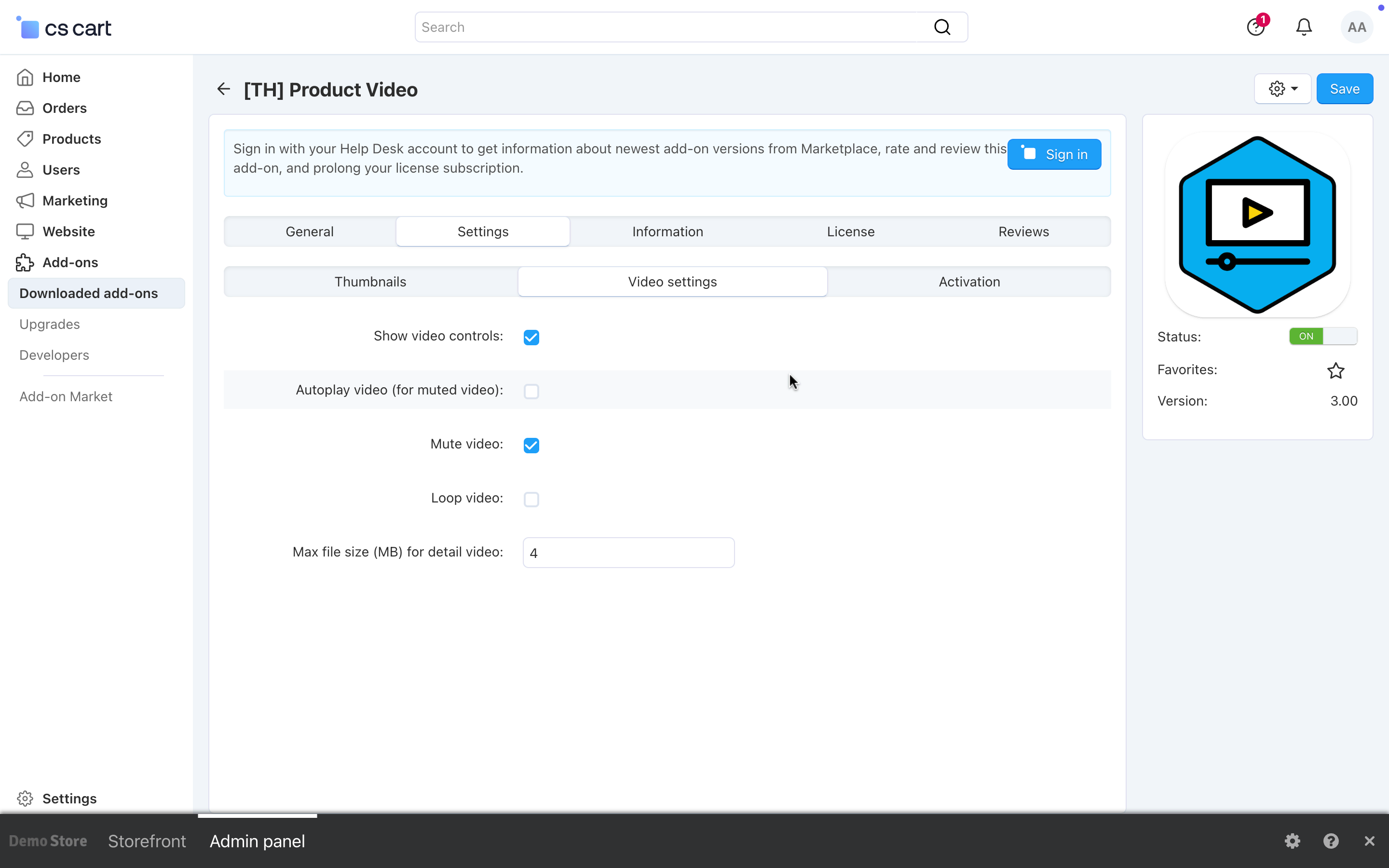 Product video add-on settings