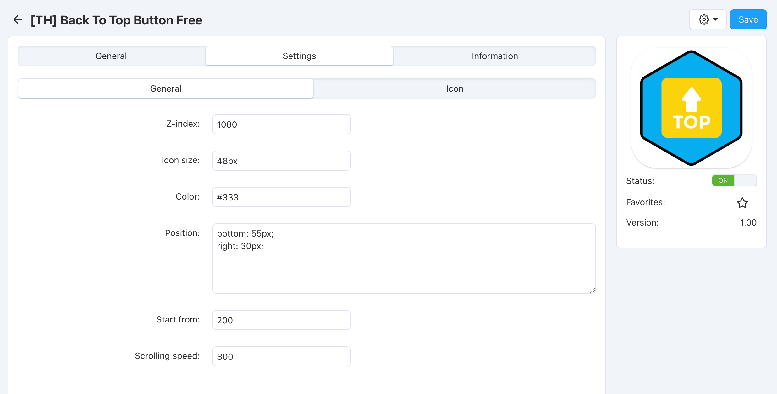 Free CS-Cart addon Back To Top Button: Settings