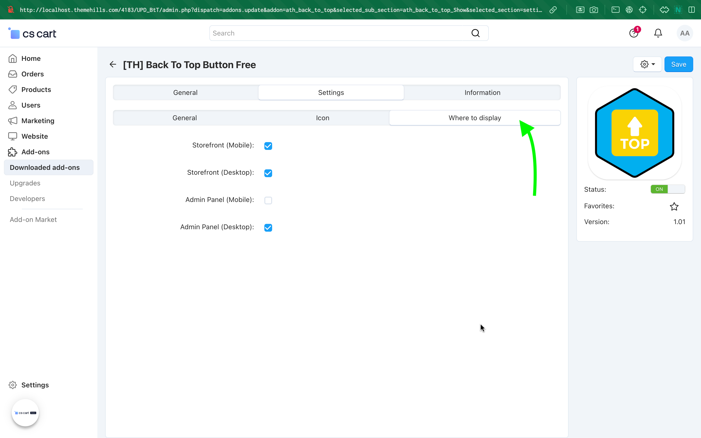 Free CS-Cart addon Back To Top Button: Settings - locations
