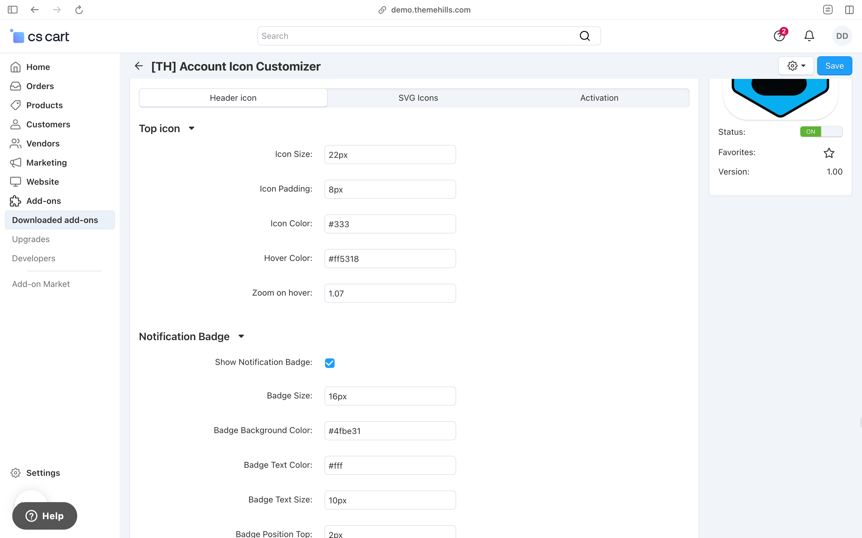 CS-Cart account icon customizer settings page